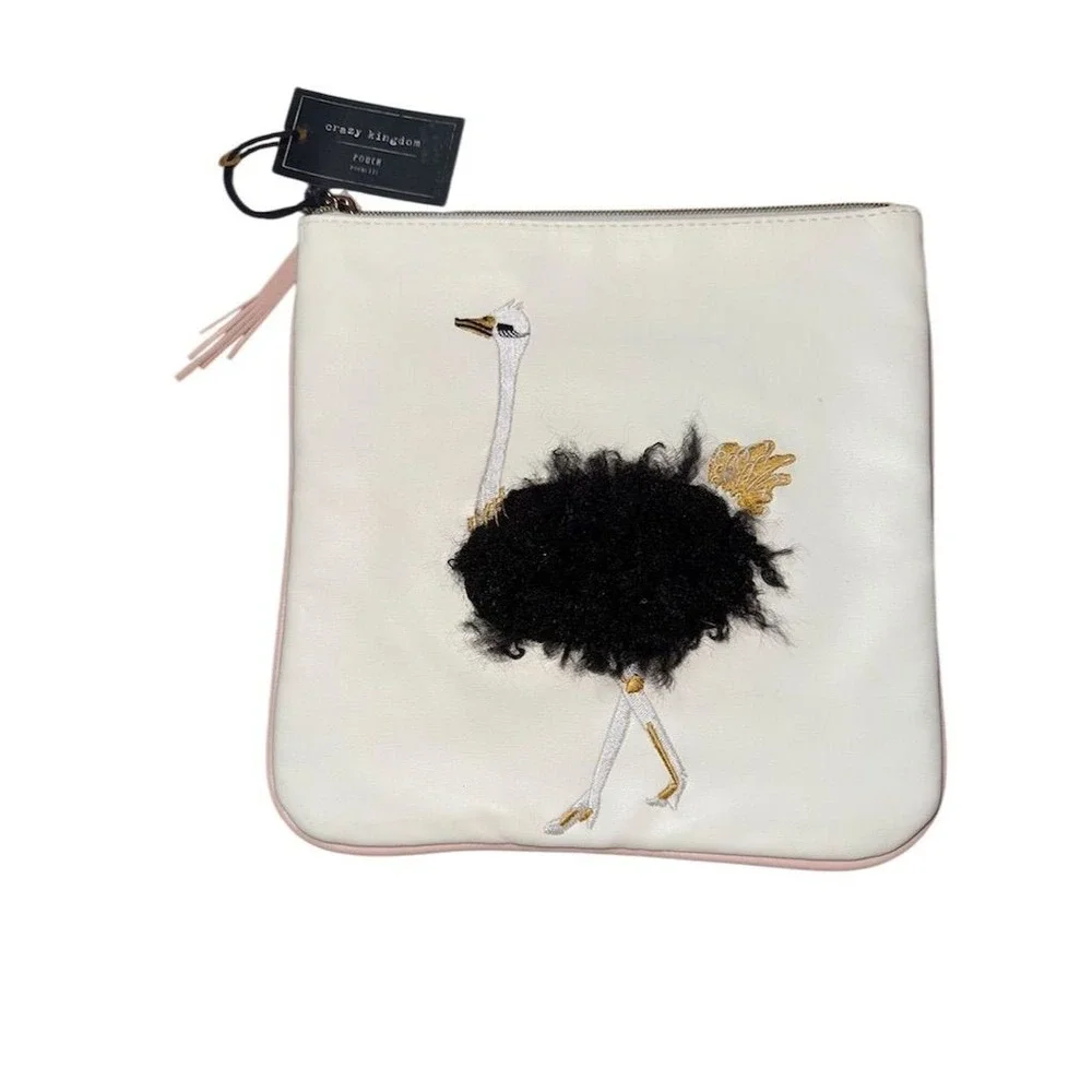 Cream Clutch Cosmetic Bag 3D Ostrich Embroidery Zip Closure crazy‎ kingdom vegan